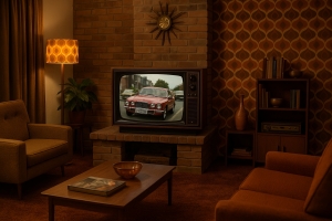 A rendering of a 1970s living room with brown carpet, a coffee table and couches, while a Jaguar from The Sweeney is featured on the television.