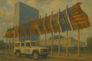An AI-rendered pencil sketch of the UN building in the background while a UN-branded Land Rover Defender 110  sits beneath the flags of each country, with the flags bearing their national carpet. 