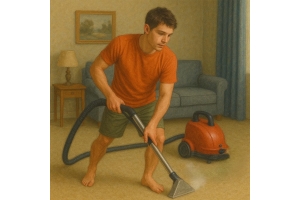 An AI-sketch of a young man steam cleaning his beige carpet while wearing shorts and an orange t-shirt. 