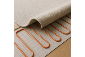 AI-rendered image of underfloor heating elements exposed by a ruffled carpet that's slightly peeled back to reveal underlay. 