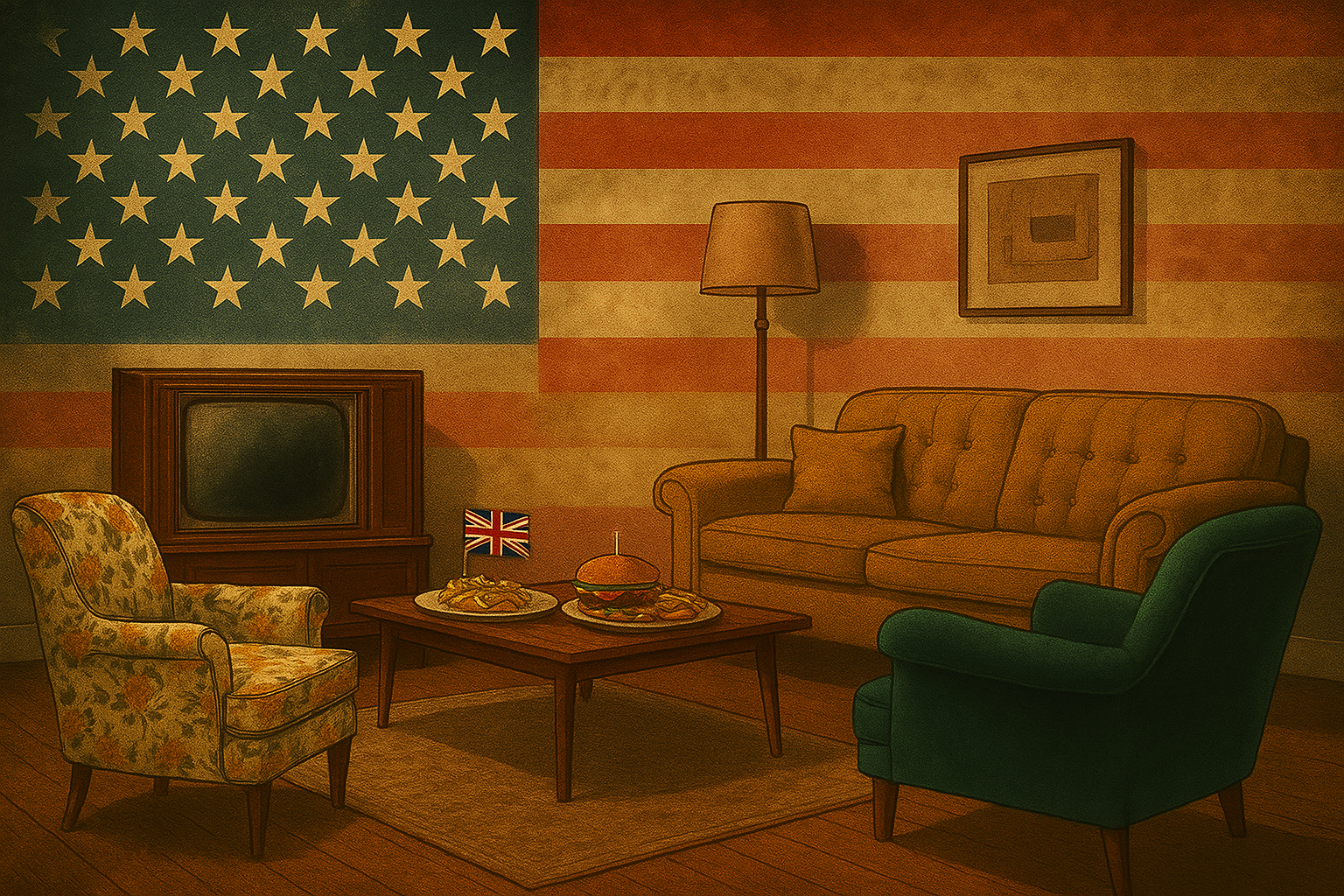 An AI-rendered picture of a British living room with American flag for walls.