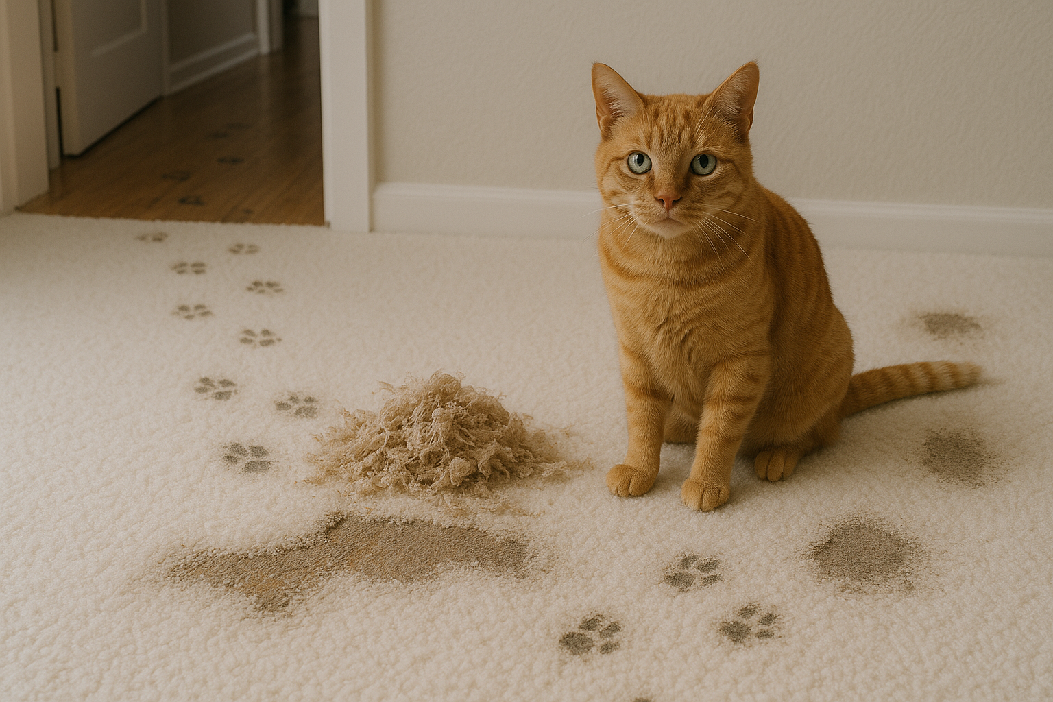 An AI-rendering of a tabby cat having clawed up the wool from a white carpet.
