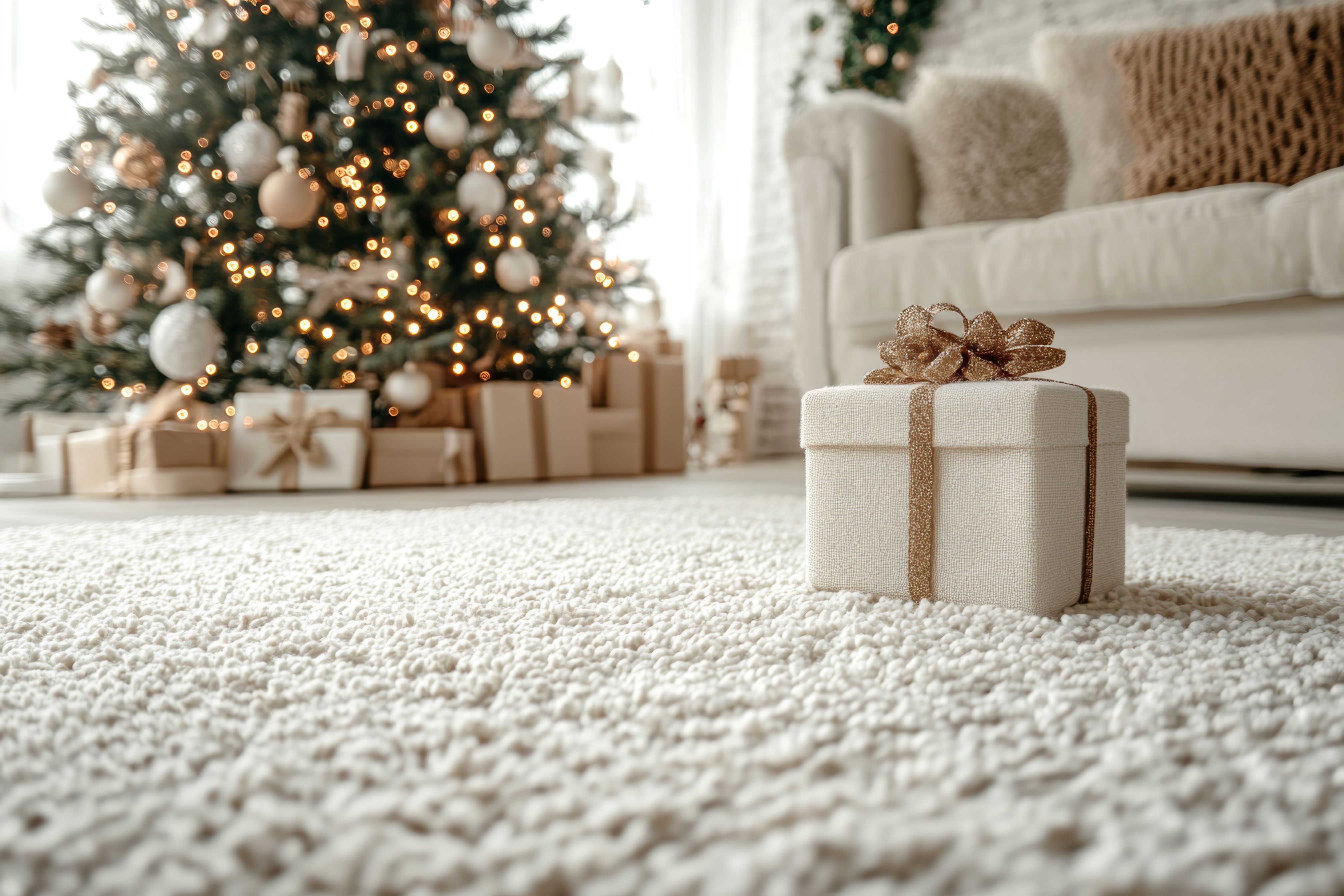 A photograph of a white present box with a golden ribbon atop deep white carpet, with a blurred Christmas tree in the background.