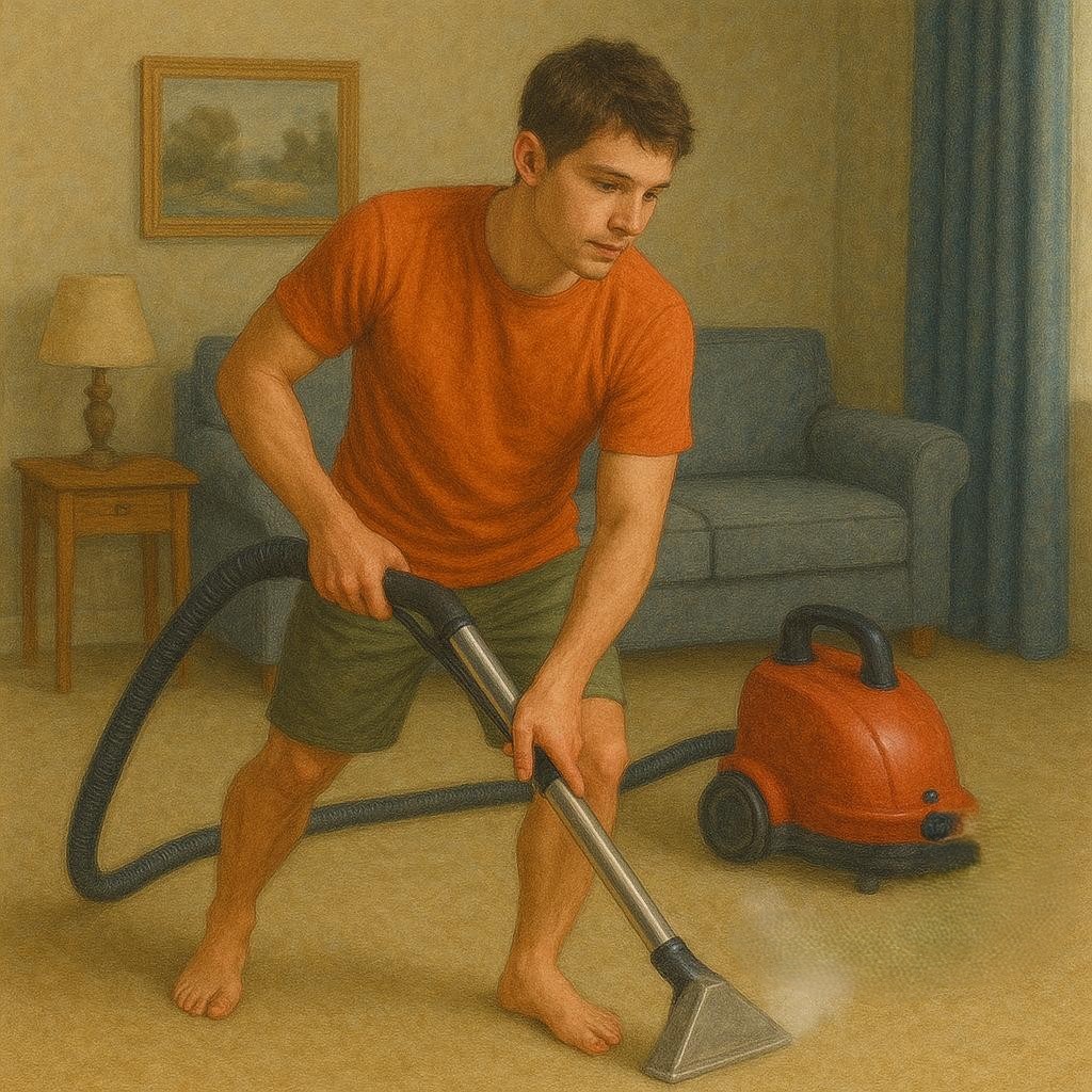 An AI-sketch of a young man steam cleaning his beige carpet while wearing shorts and an orange t-shirt.